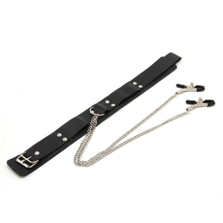 This is an image of Collar Slave Punishment Collar With Nipple Clamps, designed for BDSM play with adjustable collar width and chain length.