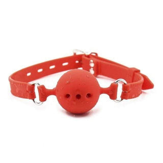Observe an image of All Silicone BDSM Breathable Mouth Gag in red color with adjustable strap and luxurious silicone construction.