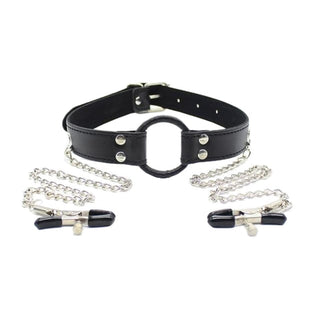 Leather Nipple Clamp Bra with integrated collar and clamps for heightened experiences.