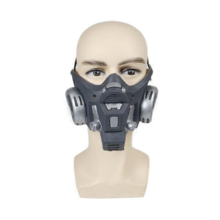 Realistic Gas Latex Fetish Cosplay Gear in black with gray for BDSM play and cosplay events.