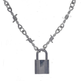 Fashionable BDSM collar with barbed wire-inspired design and padlock pendant for asserting power and control.