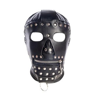 Pictured here is an image of Full Face Leather BDSM mask with studded design and collar with O-ring for sensory deprivation and amplification.