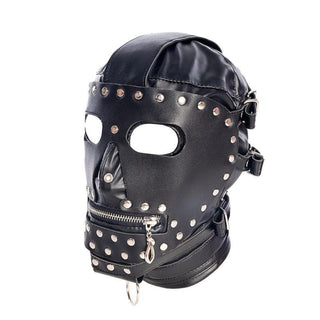 Take a look at an image of Full Face Leather BDSM mask with adjustable straps, ear coverings, and nose/mouth zippers for heightened sensory awareness.