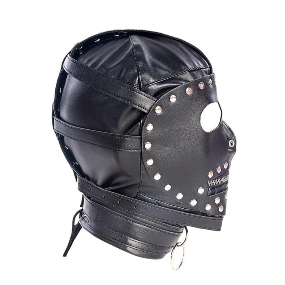In the photograph, you can see an image of Full Face Leather BDSM mask crafted from high-quality PU leather for safe and comfortable play.