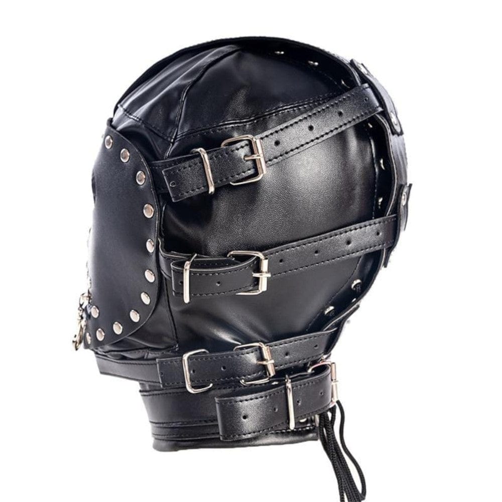 Featuring an image of Full Face Leather BDSM mask in black color made from PU leather for intensified pleasure and exploration.