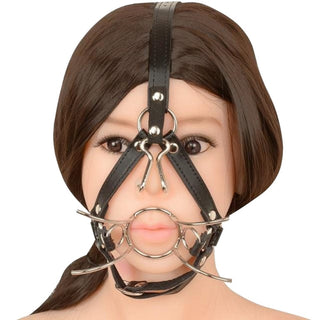 An image showcasing the ample opening of the metal gag and adjustable straps of the Extreme Bondage Mouth Toy.