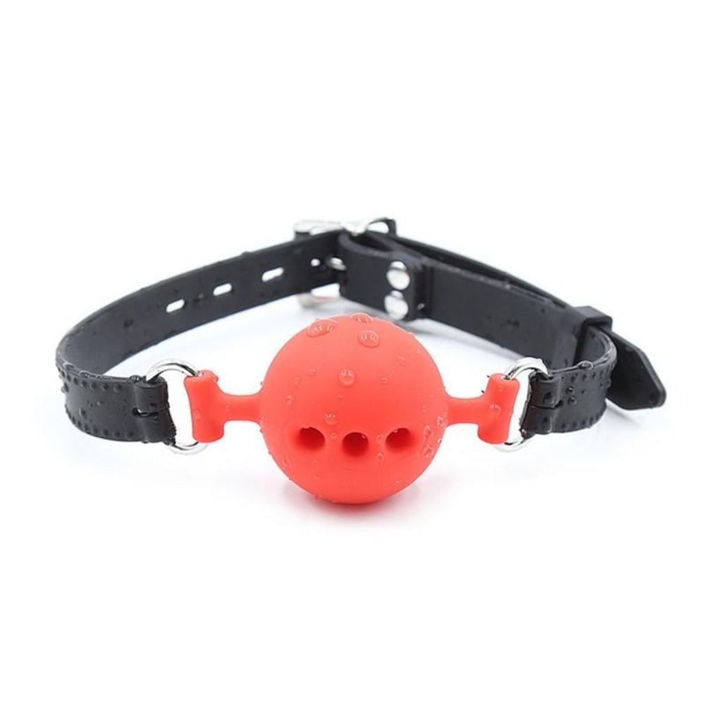 Breathable silicone BDSM candy mouth gag in vibrant red color.