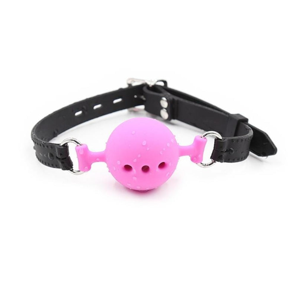 Adjustable silicone candy gag with ball-shaped design for sensual exploration.
