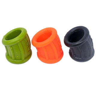 Featuring an image of Comfy Silicone Ball Stretchers in green, black, and orange colors for heightened pleasure.