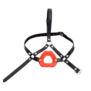 This is an image of Blowjob Ready Gag in red, pink, and black colors crafted from faux leather and plastic.