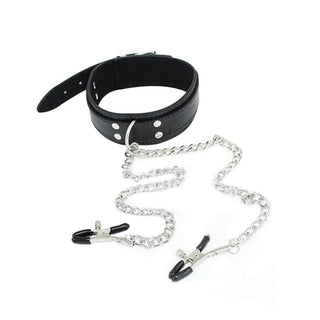 Take a look at an image of Slave Fantasy BDSM Nipple Clamps with a stylish Neck Bondage Fetish Choker and silver clamps covered in rubber sheaths.