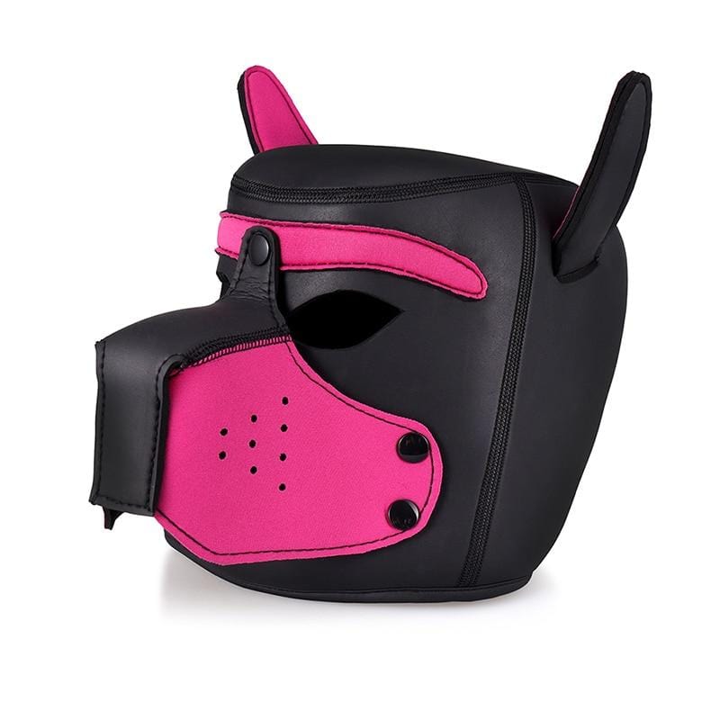 Fun-loving pink Colored Bondage Mask Leather Puppy Hood featuring sturdy metal rivets and comfortable fit for all genders.