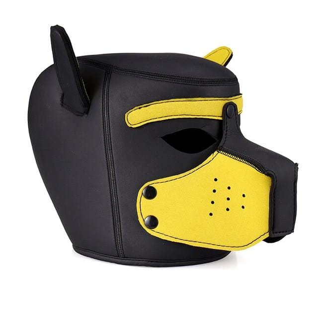 Vibrant yellow Colored Bondage Mask Leather Puppy Hood with canine muzzle and eye-shaped cutouts for enhanced field of vision.