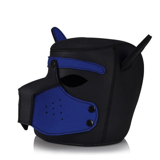 Blue Colored Bondage Mask Leather Puppy Hood made from premium synthetic leather for durability and vegan-friendly appeal.