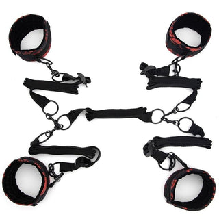 Featuring an image of No Frills Bed Restraints Bondage Strap, featuring plush cuffs, nylon straps, and metal shackles for secure hold and comfort.