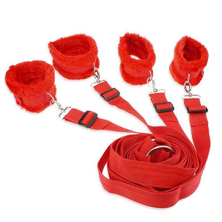 Displaying an image of Red Furry Sex Bed Restraints with soft synthetic fur and adjustable straps for a thrilling night of passion.