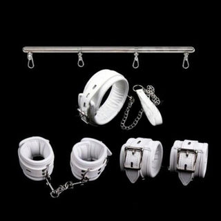 Adjustable Leather Get Down Spreader Bar with handcuffs, ankle cuffs, and collar for bondage play.