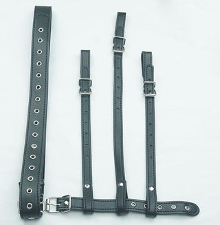 A close-up image of the dimensions of Forced Orgasm Sex Toys Leather Restraints Belt - Leg Straps 7.01 – 12.52 inches, Crotch Strap 10.63 – 16.14 inches, Waist 28.15 – 41.47 inches, and ring 4.92 – 8.07 inches.