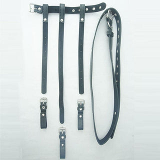 Presenting an image of Forced Orgasm Sex Toys Leather Restraints Belt in black PU Leather with adjustable straps and ring for enhanced endurance and performance.