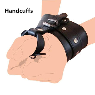 A picture of Thumb Locking BDSM Leather Sex Handcuffs for Play, designed for BDSM exploration with thumb slots and adjustable length.