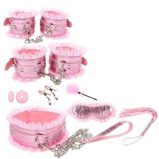 Image of Lacy Seduction BDSM Leather Body Bondage Kit with Restraints featuring PU Leather and Lace materials for intimate play.