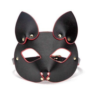 A detailed image of Foxy BDSM Leather Mask in black and red, perfect for unleashing your inner beast during intimate play.