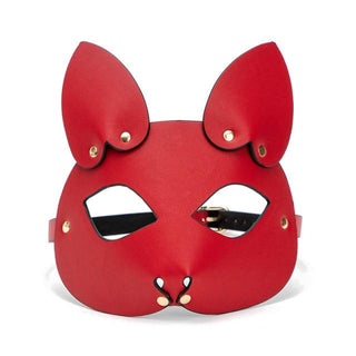 A close-up image of Foxy BDSM Leather Mask with metal rivets, showcasing comfort and safety features.