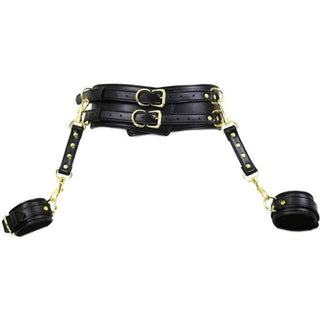 Check out an image of Hands by Your Side Leather Bondage Belt in Deep Blue color, offering adjustable restraints for comfort.