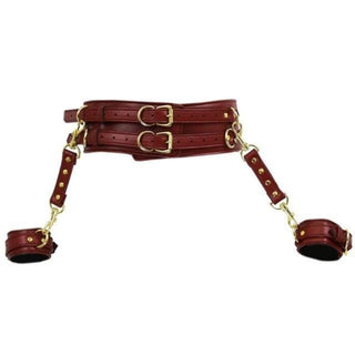 You are looking at an image of Hands by Your Side Leather Bondage Belt in White color, a chic accessory with secure handcuffs.