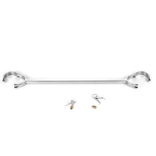 Observe an image of Stainless Leg Spreader Bar with comfortable cuffs designed for a steady hold during intimate moments.