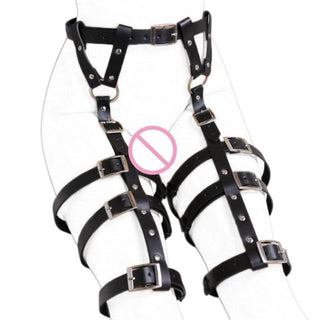 This is an image of Pleasure Master BDSM Thigh Leather Sex Belt Strap showcasing the waist and thigh strap dimensions for a comfortable and firm grip.