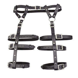 Presenting an image of Pleasure Master BDSM Thigh Leather Sex Belt Strap in black synthetic leather with adjustable straps and rings for bondage play.
