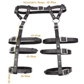 An image showing the dimensions of Pleasure Master BDSM Thigh Leather Sex Belt Strap, tailored for a snug fit and versatile use in bondage play.