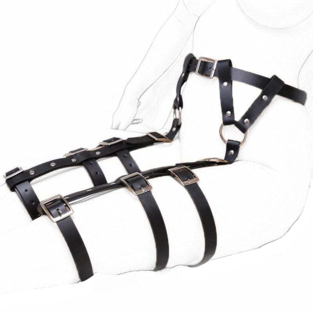 View of Pleasure Master BDSM Thigh Leather Sex Belt Strap with adjustable latches and rings for connecting bondage toys, designed for exploration and pleasure.