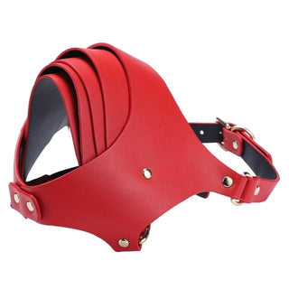 Presenting an image of Layered Leather Slave Mask in red, black, and brown colors with metal buckles.