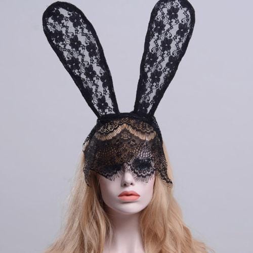 Pictured here is an image of Sexiness Overload Lace Bunny Ears, a mysterious lace mask with seductive bunny ears for a dominatrix look.