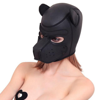 Padded and Comfy Rubber Pup Hood Bondage in matte black for immersive role-playing experiences.