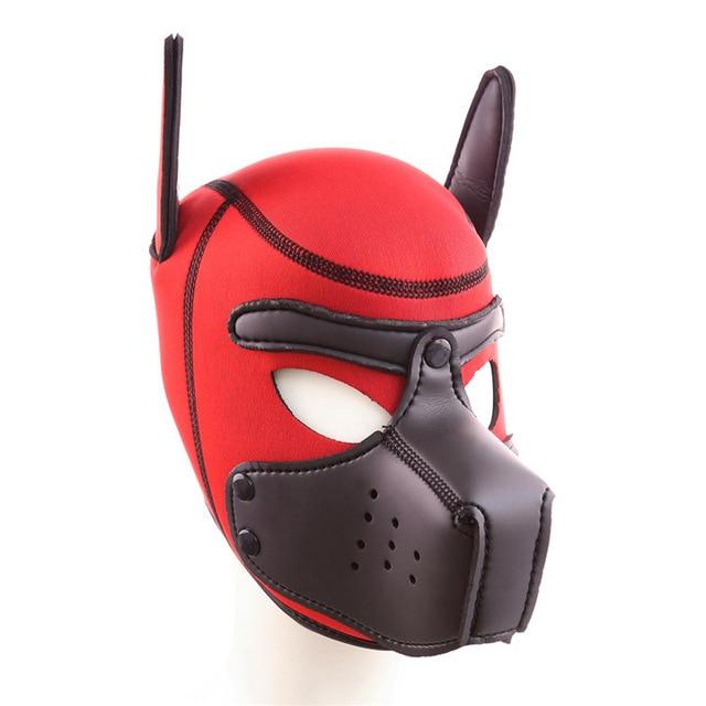Laminated neoprene rubber and spandex construction of a comfortable and durable BDSM pup hood mask.