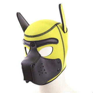 Displaying an image of a neoprene pup hood BDSM mask suitable for head circumferences of 22.83-24/ 580mm-609mm.