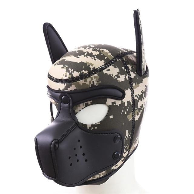 Here is an image of Beginner Perfect Neoprene Pup Hood BDSM in vibrant colors: army green, white, red, yellow, and blue.