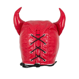 Sleek and smooth red PU Leather material of the Devilish Lust Leather BDSM Hood.