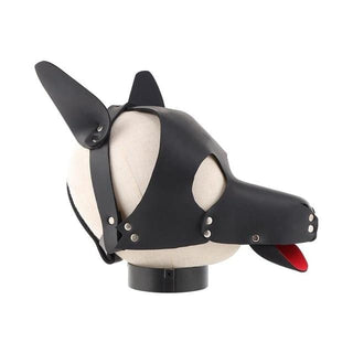 A black Leather BDSM Dog Mask with protruding ears and a playful red tongue for fantasy exploration.