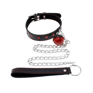 Take a look at an image of Submission Fetish Petplay Collars with black and red collar, bell, and silver chain.
