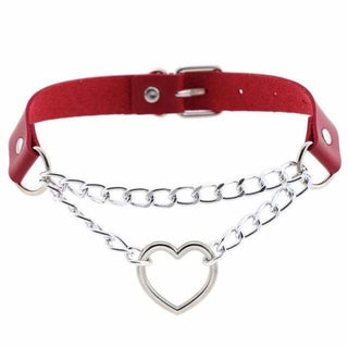 Heart in Chains Choker Woman Submissive Necklace in red color with PU leather straps
