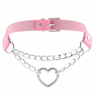 Heart in Chains Choker Woman Submissive Necklace in pink color for BDSM fantasies