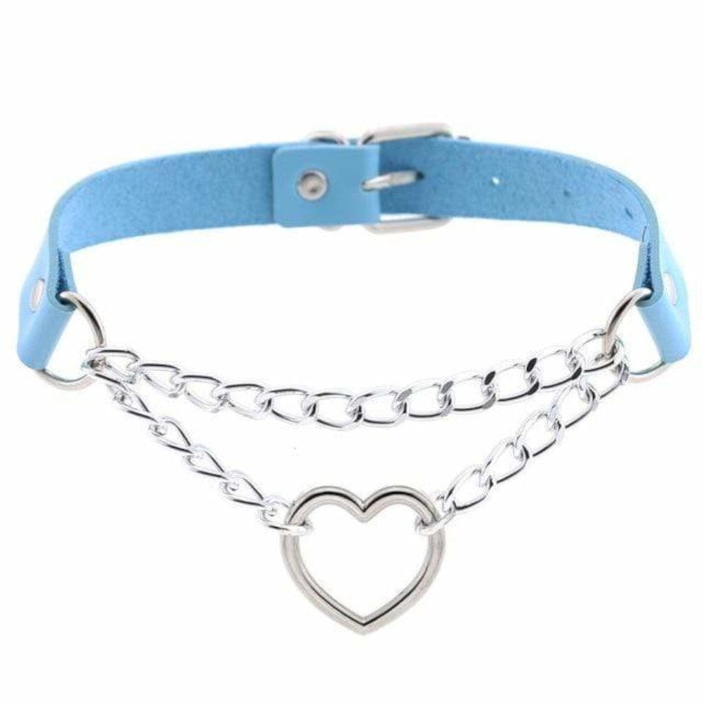 Heart in Chains Choker Woman Submissive Necklace in light blue color for submissive play