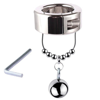 This is an image of Heavy Duty BDSM Ball Stretching Penis Toy featuring alloy ring and attached weight for scrotal stretching.