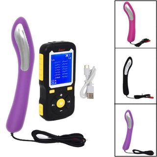 Observe an image of USB Rechargeable Anal Estim Set with handheld power host and conductive plug in black and yellow details.