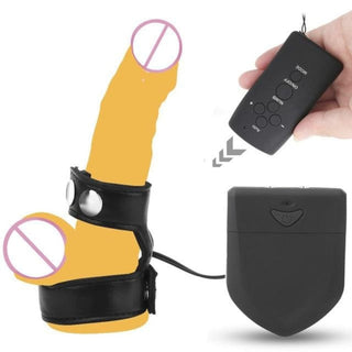 Displaying an image of Phallic Treatment TENS Unit Sex Toys cock and ball ring in black color