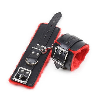 Here is an image of Fuzzy Leather Wrist Restraints Cuff Bracelet for women, crafted from high-quality synthetic leather.
